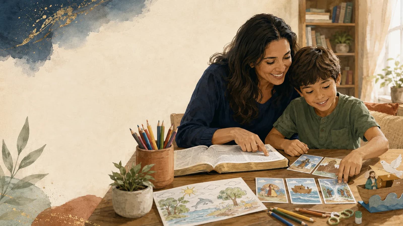 Mãe e criança estudando a Bíblia com desenhos, cartões ilustrados e materiais de atividade