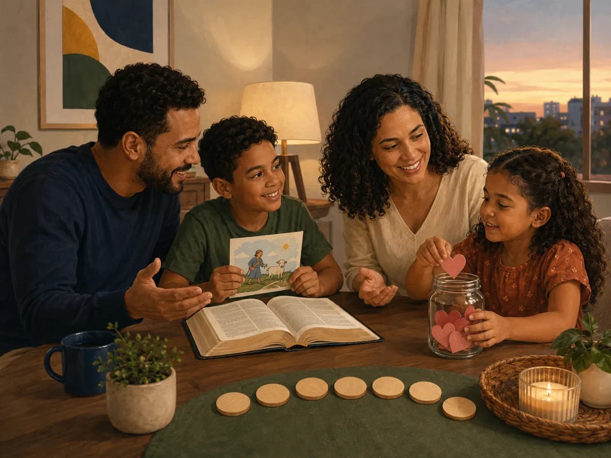 Família reunida em uma rotina de leitura bíblica, conversa e atividade de bondade