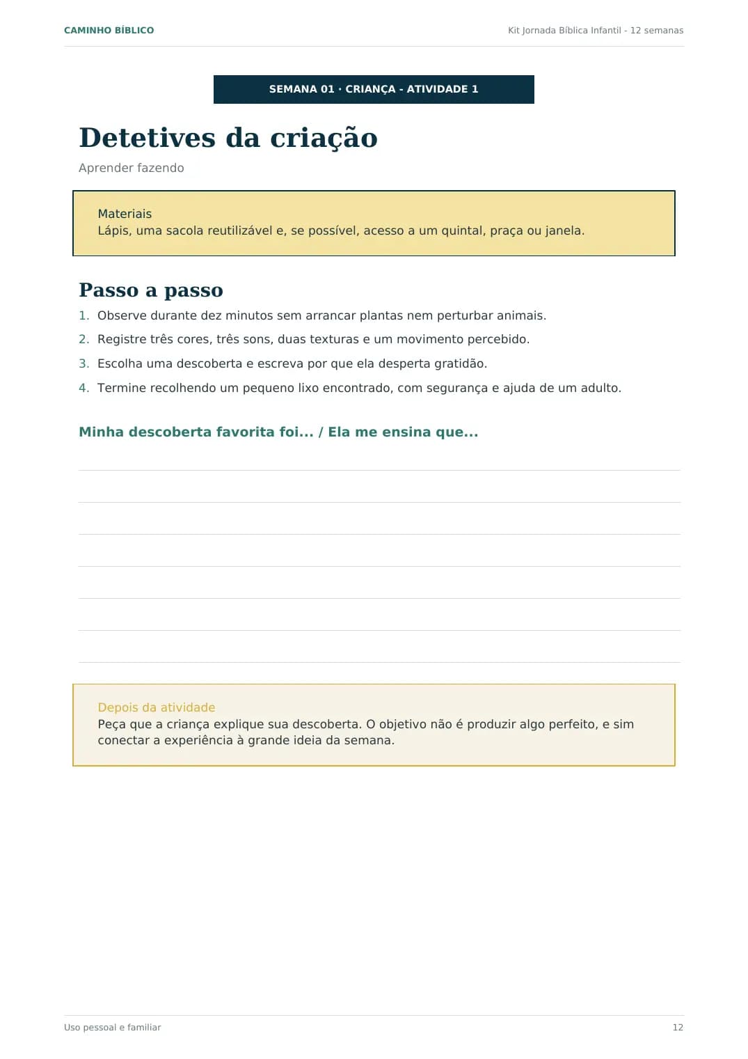 Amostra de atividade do kit