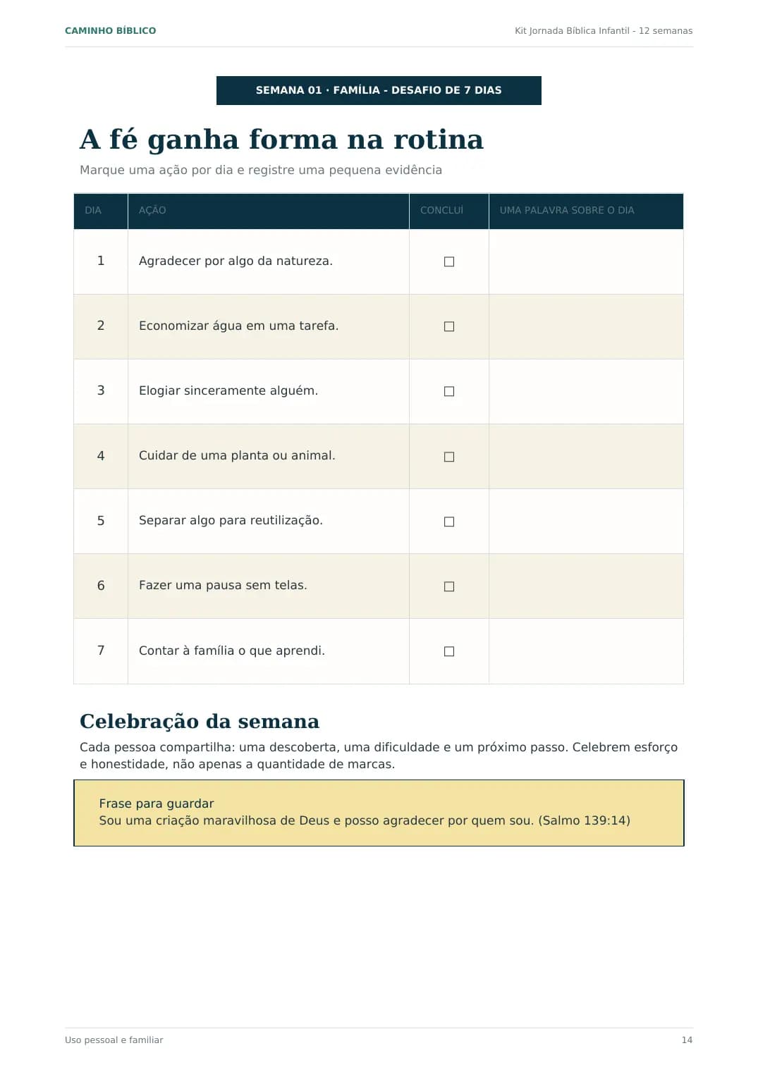 Amostra de desafio semanal do kit