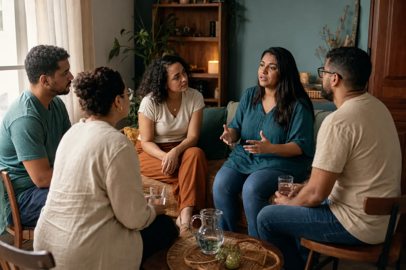Grupo de adultos escutando com atenção uma mulher que compartilha uma experiência difícil
