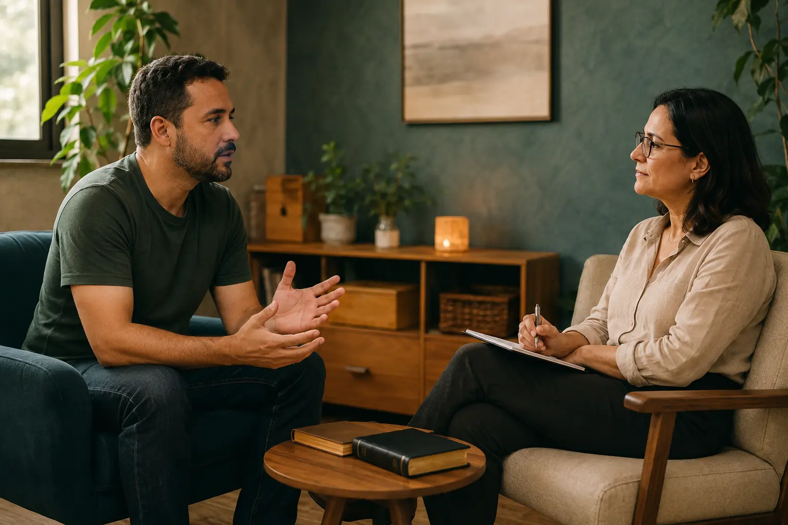 Homem conversando com uma profissional de saúde mental em um ambiente acolhedor