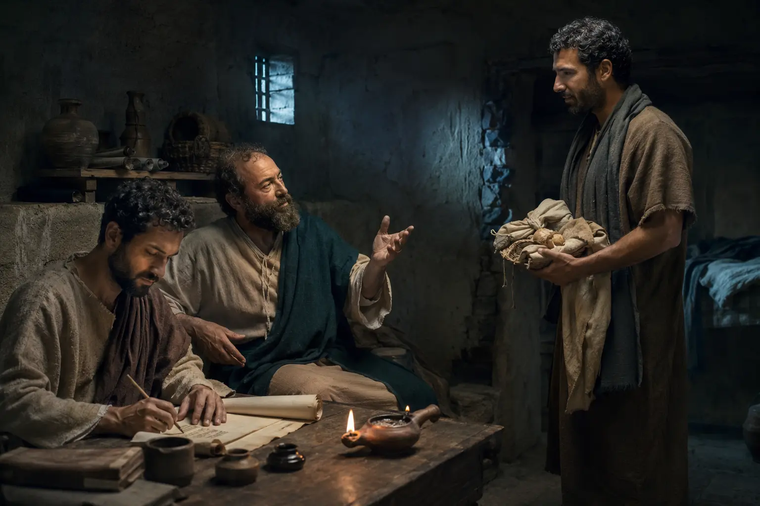 Paulo ditando uma carta enquanto recebe provisões de um companheiro durante a prisão