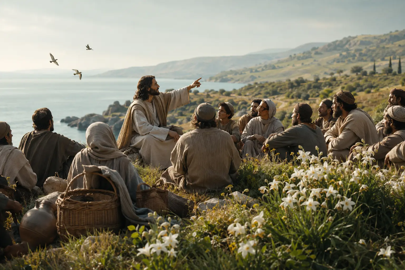 Jesus ensinando sobre aves e lírios a um grupo reunido numa colina da Galileia