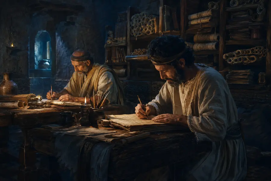 Dois escribas copiando manuscritos em uma sala iluminada por lamparinas