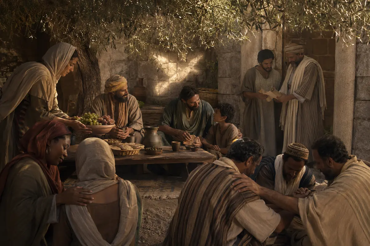 Comunidade cristã do primeiro século servindo, ensinando, consolando e orando em um pátio