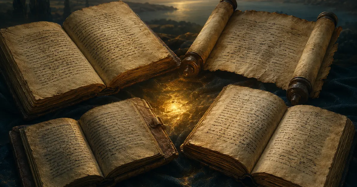 Quatro manuscritos antigos dispostos ao redor de uma mesma fonte de luz