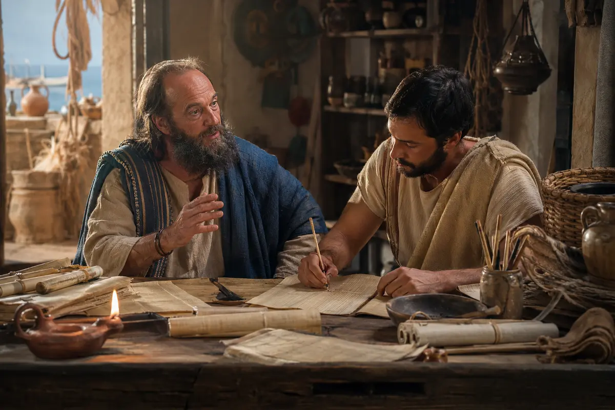 Paulo ditando uma carta enquanto um escriba registra o texto em papiro