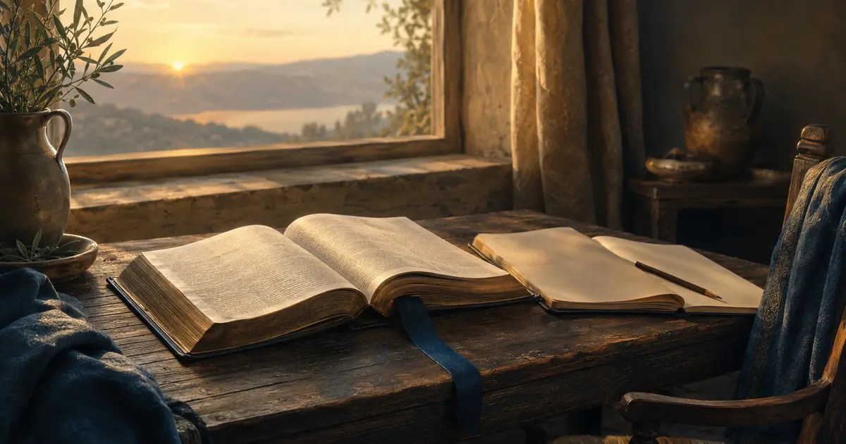 Bíblia aberta, caderno e lápis em uma mesa iluminada pelo nascer do sol