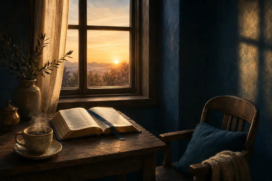 Canto tranquilo de leitura com Bíblia, cadeira e luz da manhã