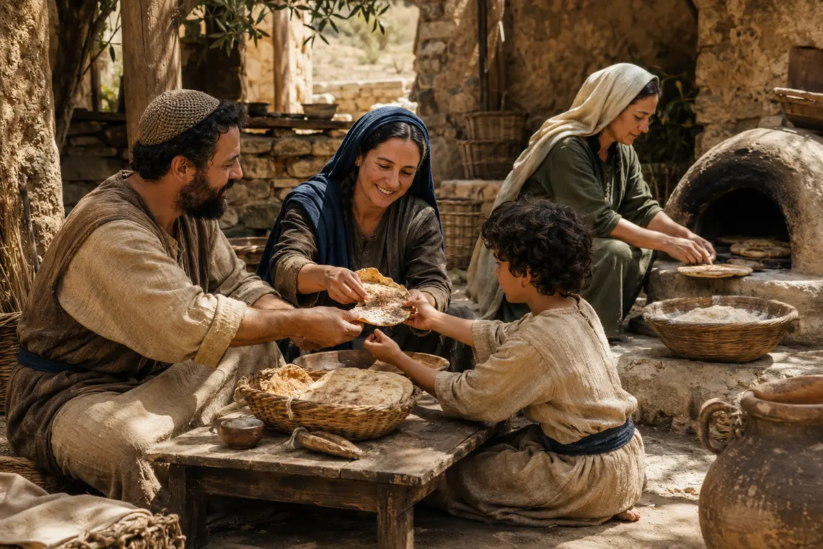 Família da Galileia preparando e repartindo o pão cotidiano