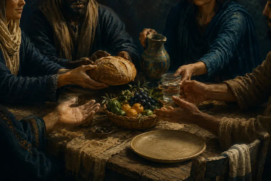 Mãos diversas repartindo pão, água e alimentos em uma mesa comunitária
