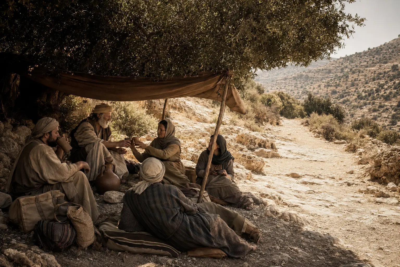 Peregrinos antigos descansando e partilhando água à sombra durante o calor do dia