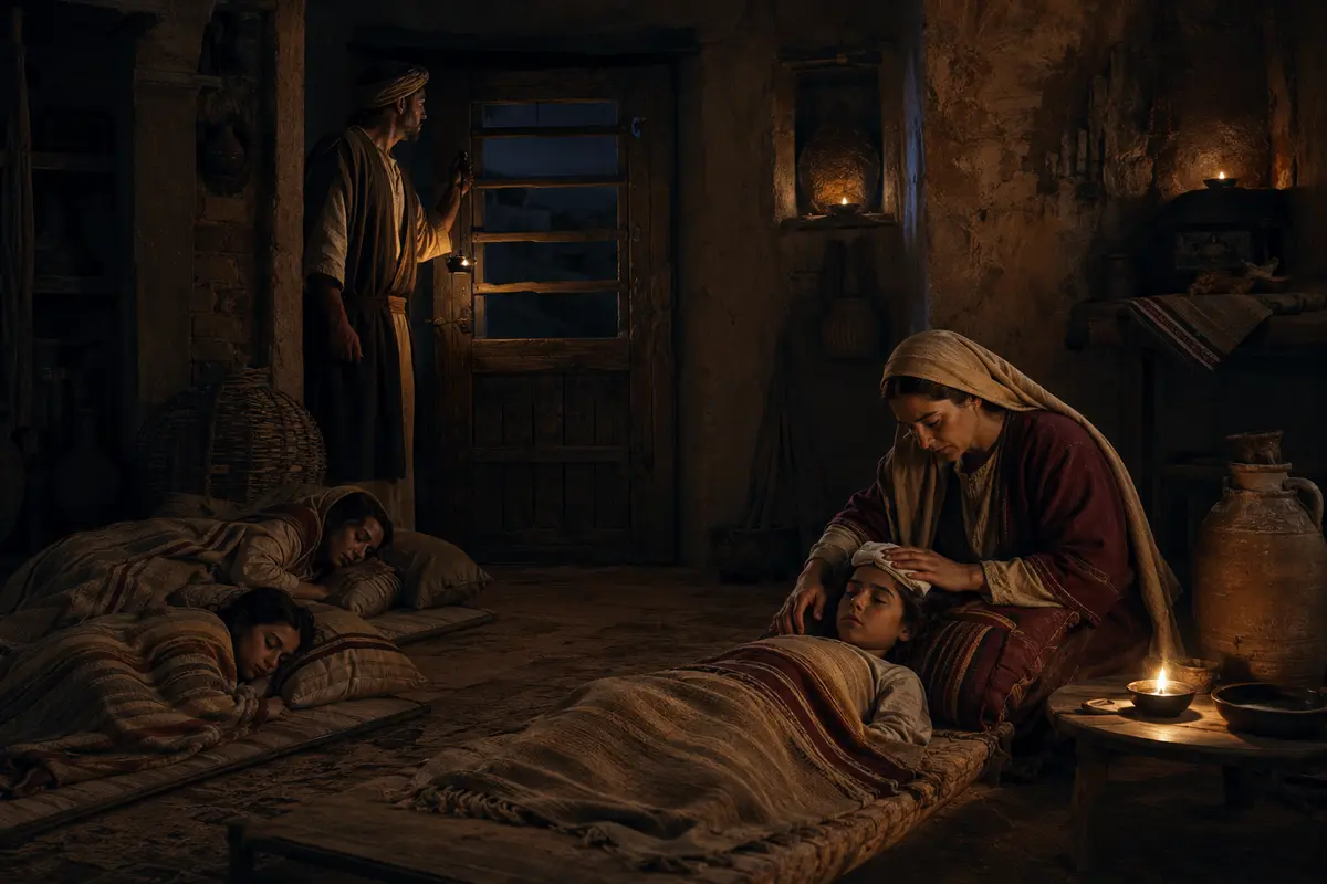 Família mantendo vigília e cuidando de uma criança enferma durante a noite