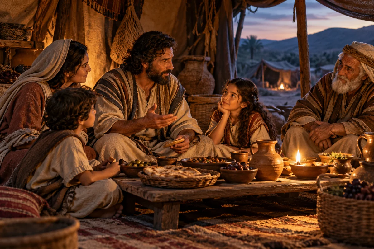 Família israelita antiga conversa durante uma refeição e transmite memórias às crianças