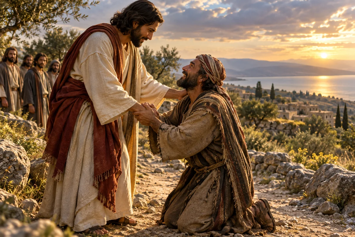 Representação editorial de um samaritano que retorna para agradecer a Jesus em um caminho da Galileia
