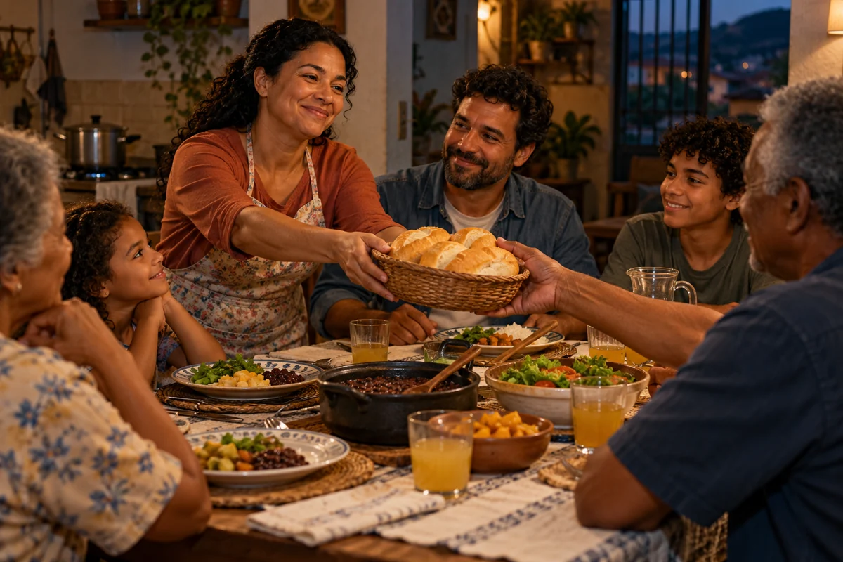 Família compartilha uma refeição e reconhece o cuidado de quem preparou o alimento