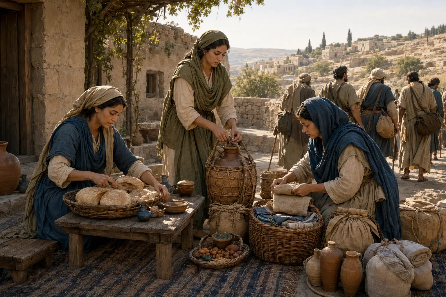 Representação editorial de mulheres galileias organizando alimentos, recipientes e tecidos para um grupo itinerante