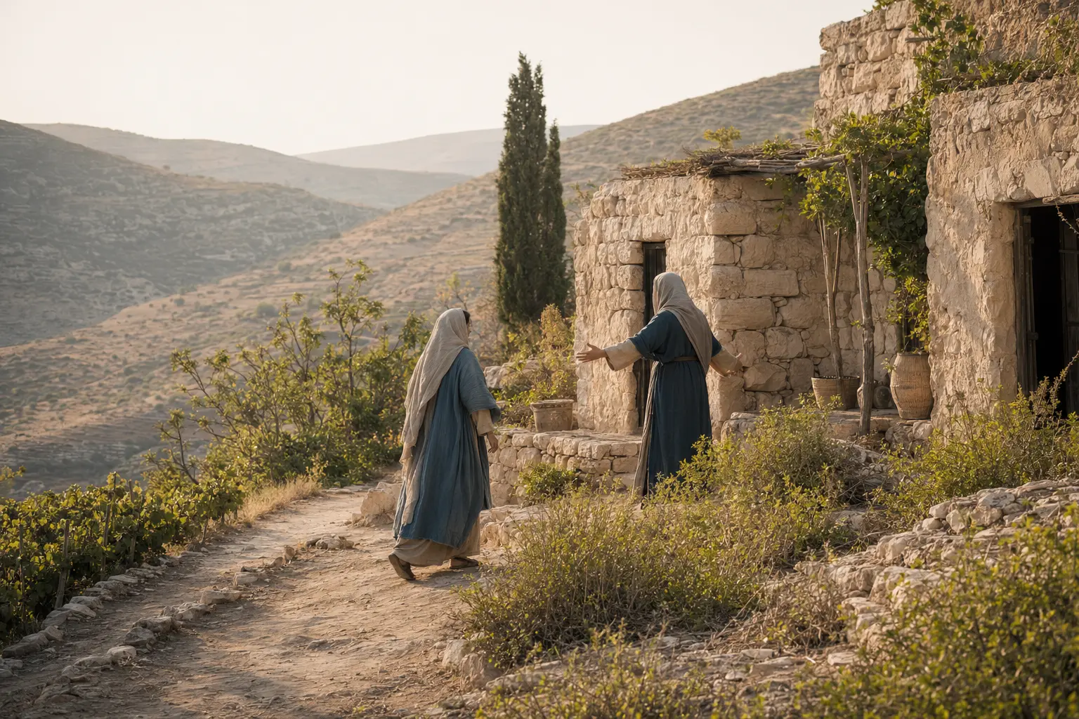 Representação editorial de duas mulheres se encontrando junto a uma casa de pedra nas montanhas da Judeia