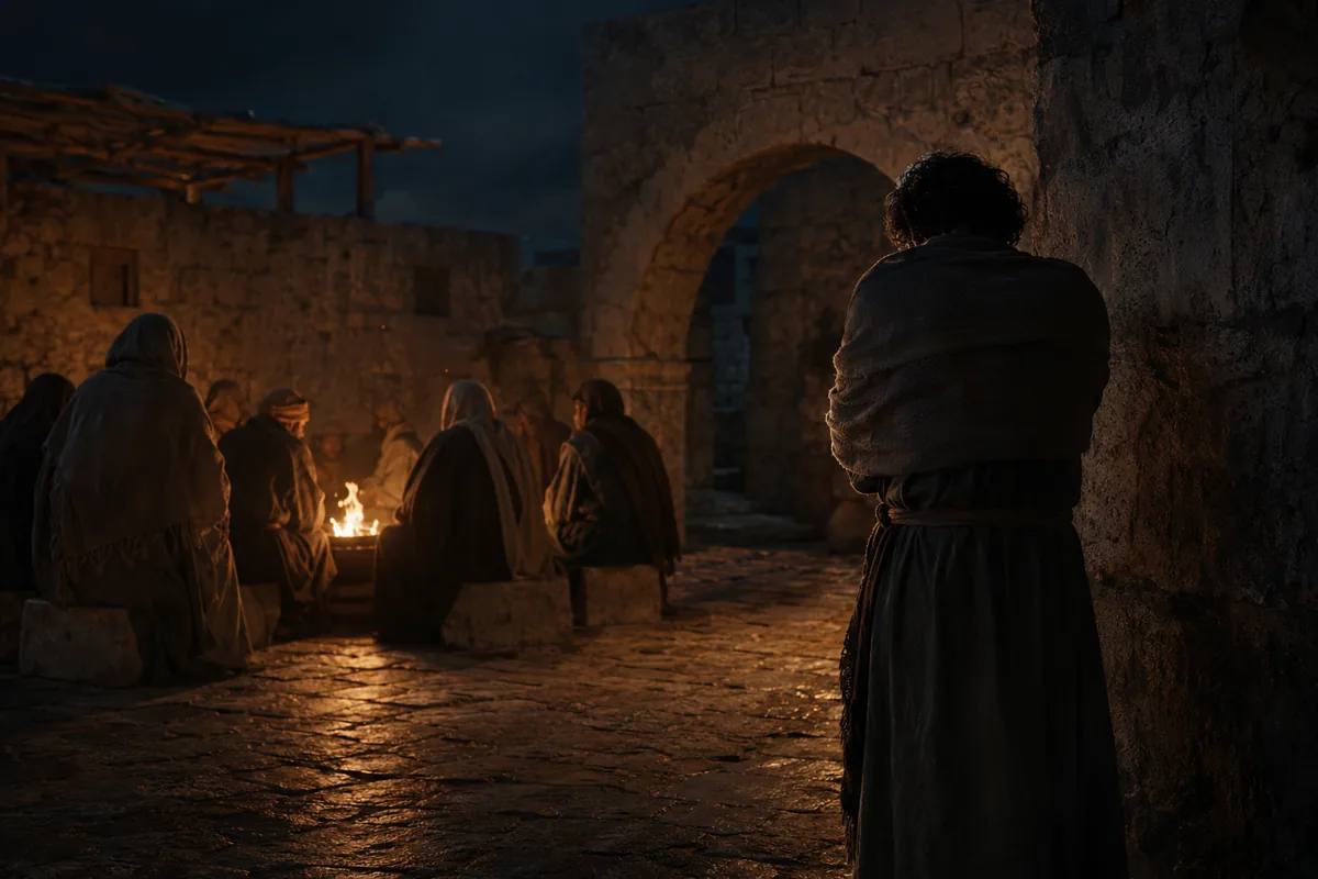 Representação editorial de um pátio de Jerusalém à noite, com Pedro visto de costas afastado de um pequeno grupo junto ao fogo
