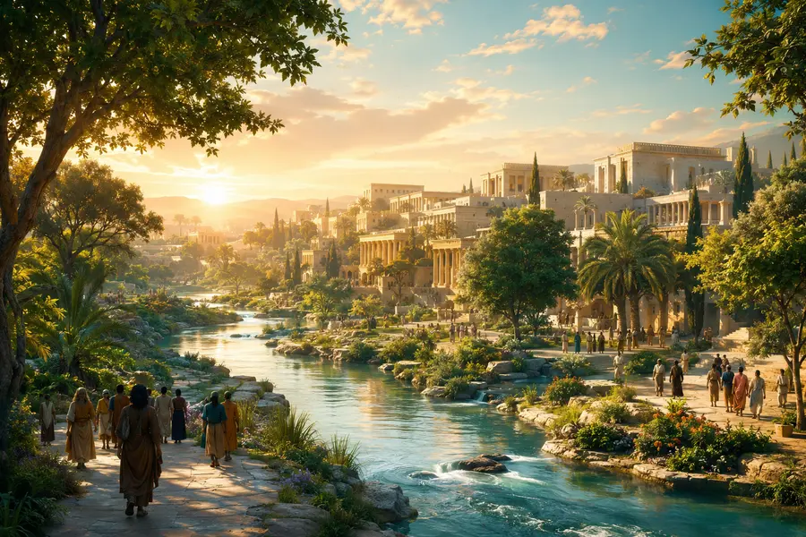 Cidade-jardim antiga atravessada por um rio, com árvores e pessoas caminhando em paz