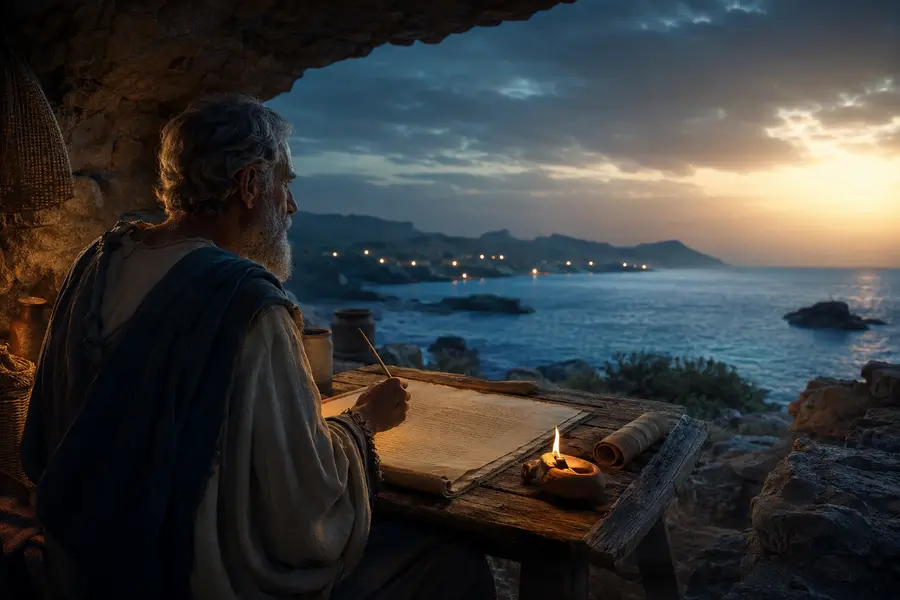 Representação editorial de João escrevendo em Patmos diante do mar Egeu