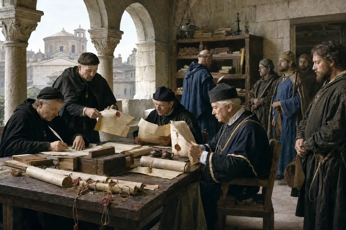 Chancelaria eclesiástica medieval com escribas e mensageiros