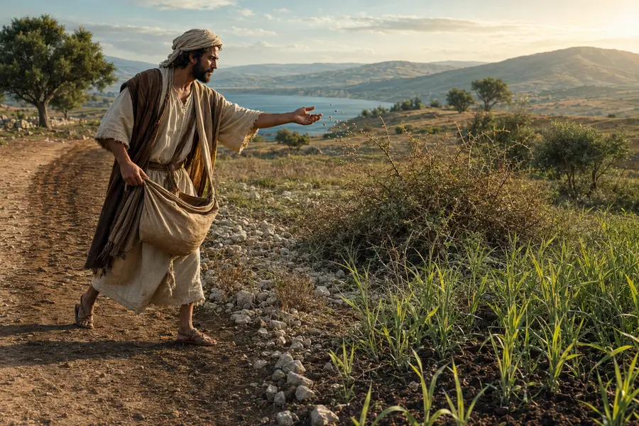Semeador do primeiro século lançando sementes junto a caminho, pedras, espinhos e terra fértil